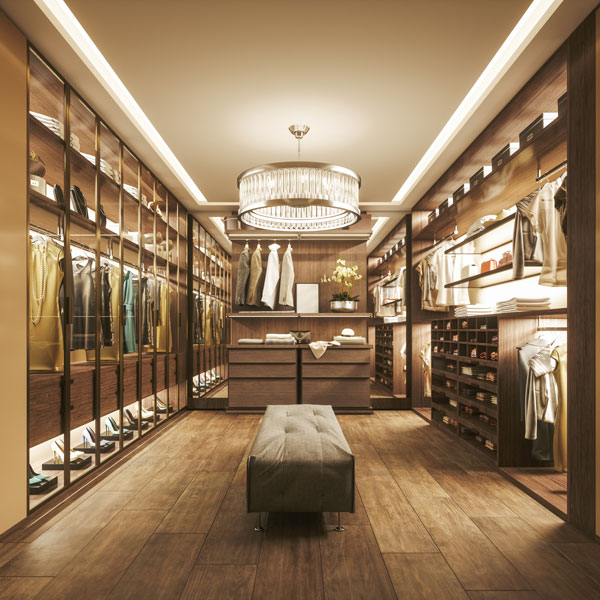 walk in closet with wood and gold accents