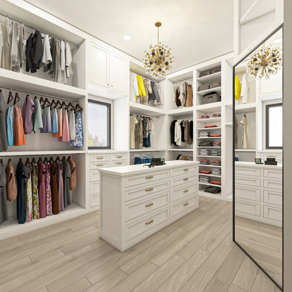 walk in closet with white cabinets and chandelier